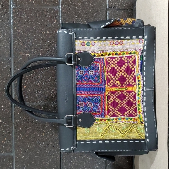 VINTAGE-ADDICTION LARGE  ARTISAN AFGHANISTAN DESIGN TOTE BAG BLACK - Picture 7 of 16